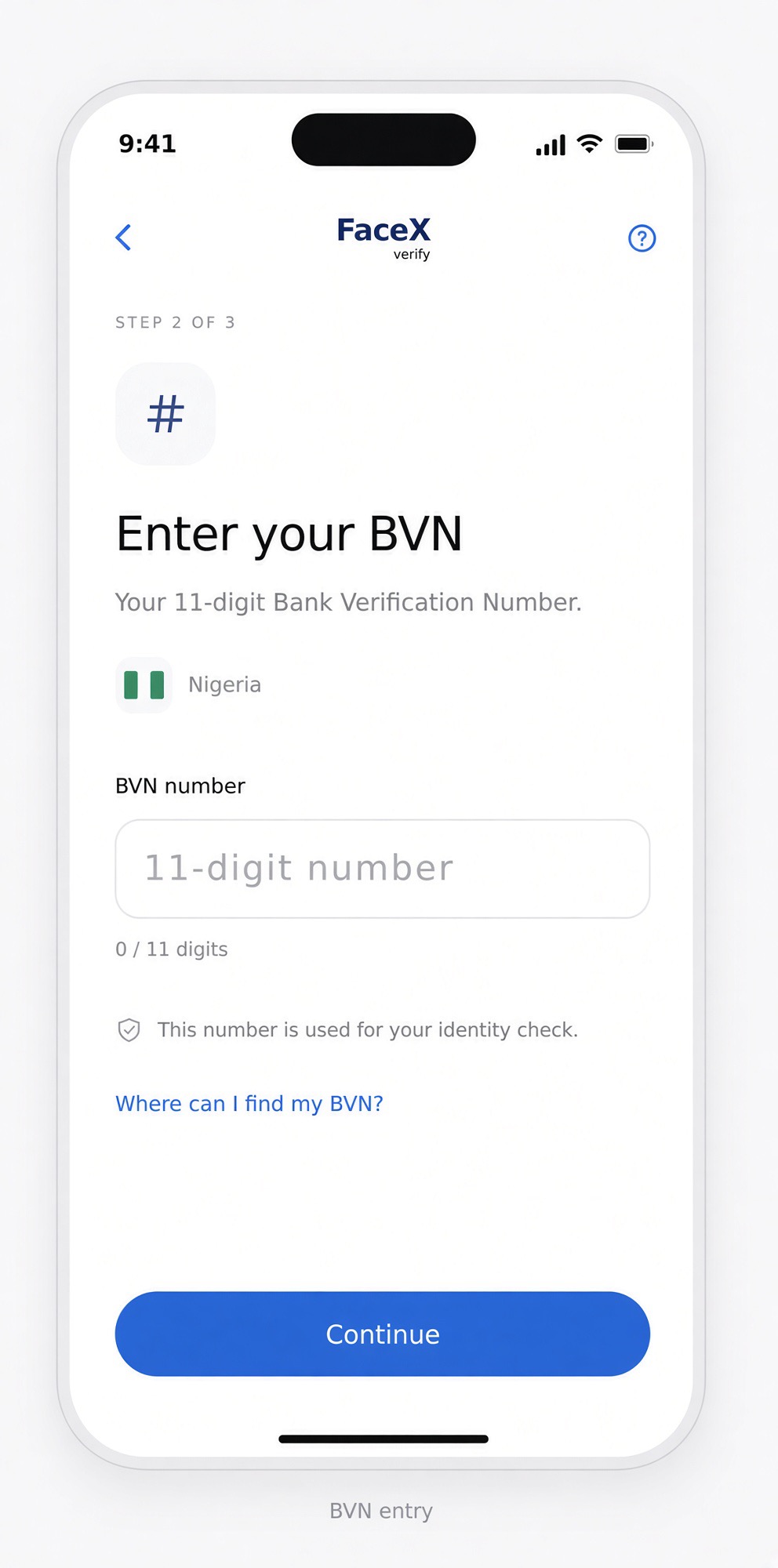 FaceX Bank Verification Number entry screen
