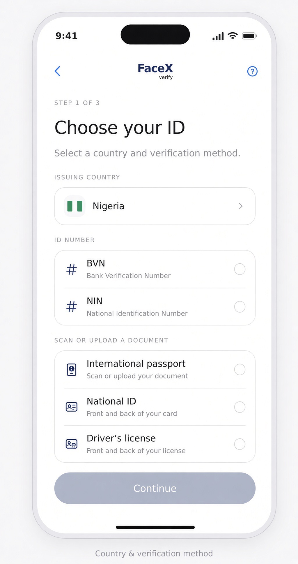 FaceX screen to choose a country and BVN, NIN or an identity document