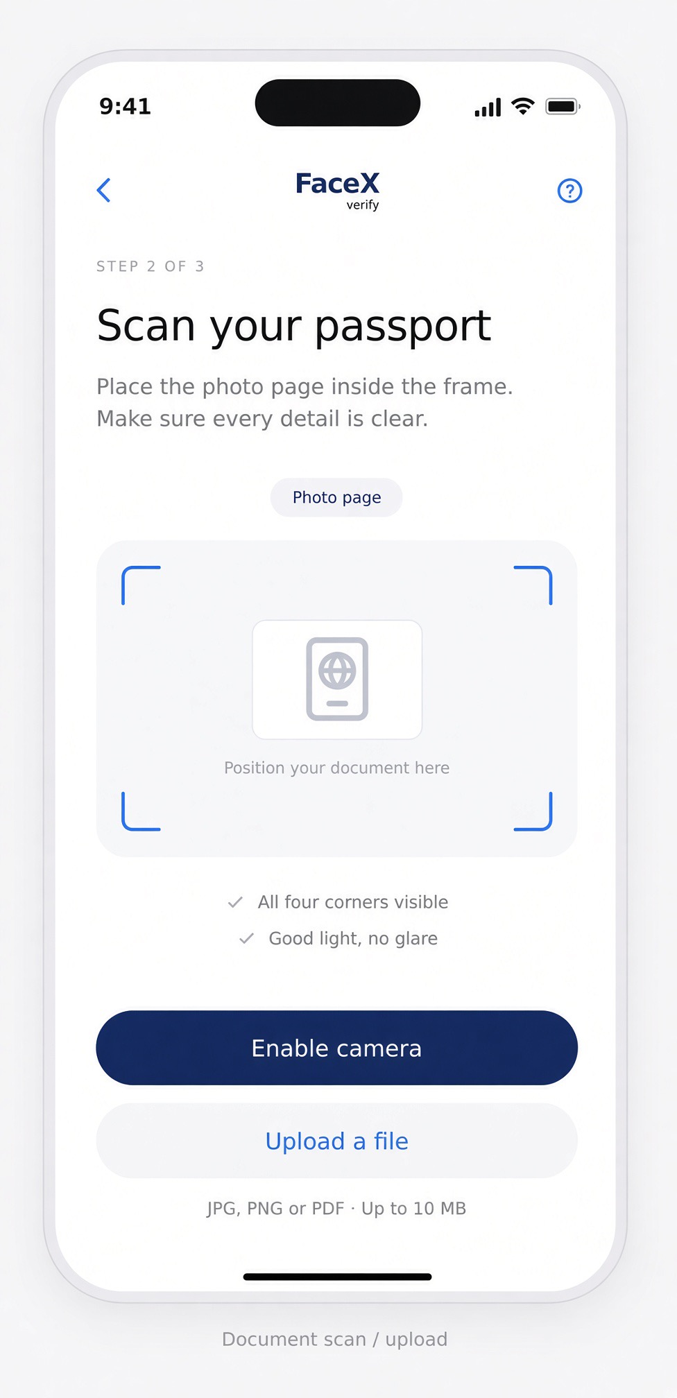 FaceX passport scan and upload screen