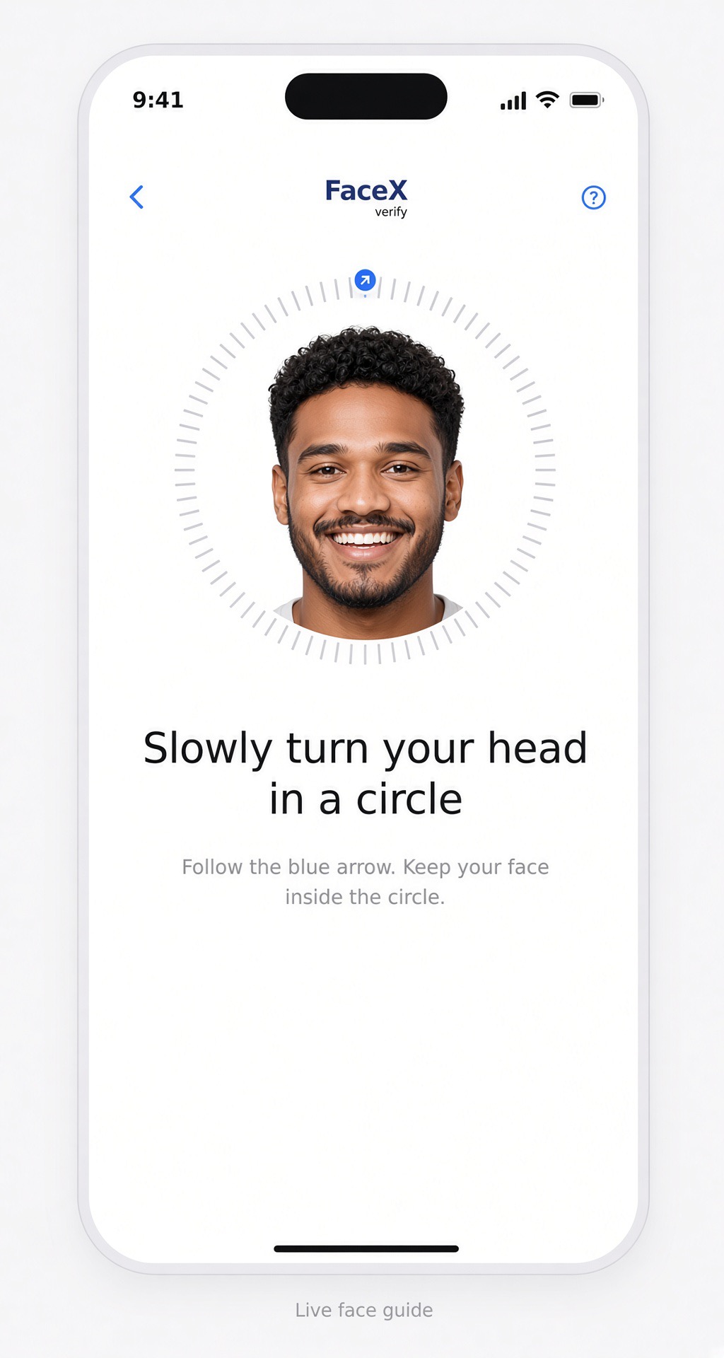 FaceX live face guide with a segmented ring and instructions to turn your head