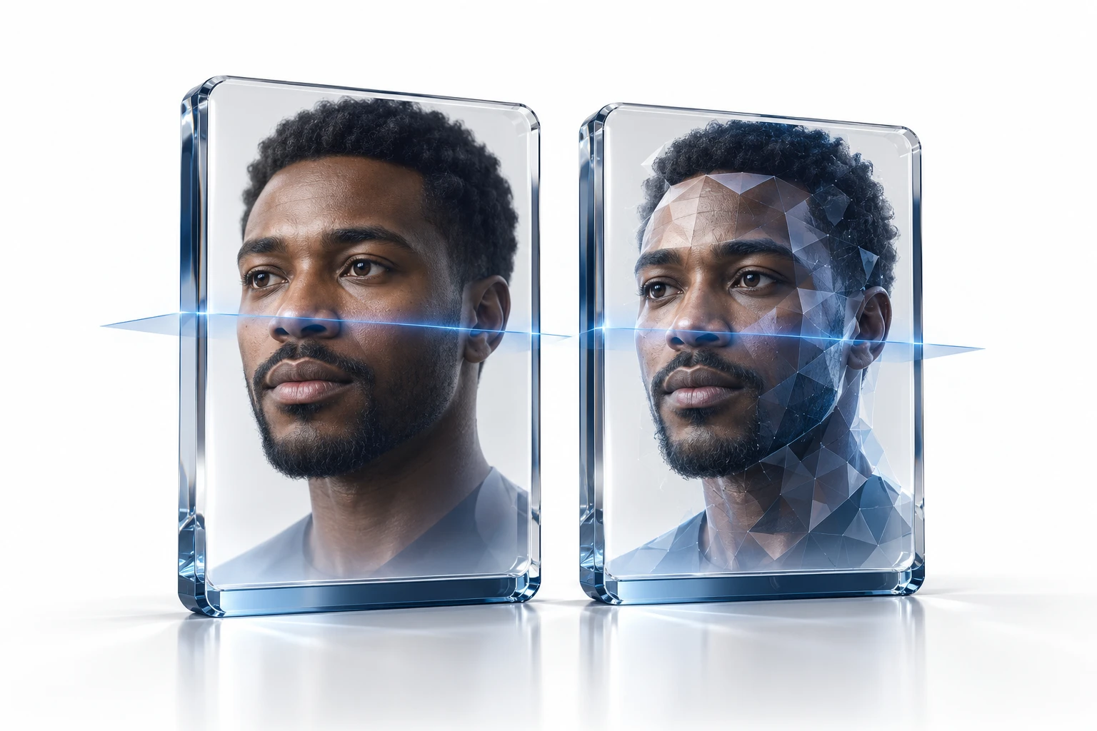 Concept illustration of deepfake detection using navy and frosted glass
