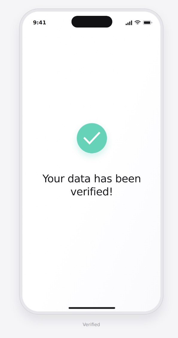 FaceX example success screen showing Your data has been verified