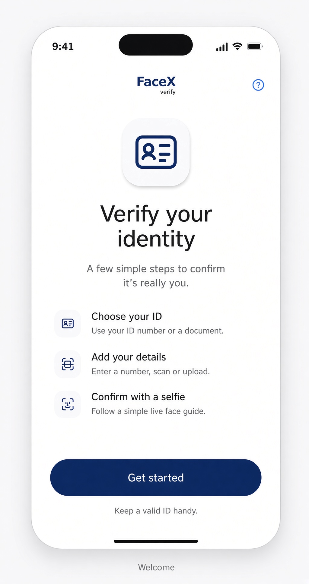 FaceX verification welcome screen